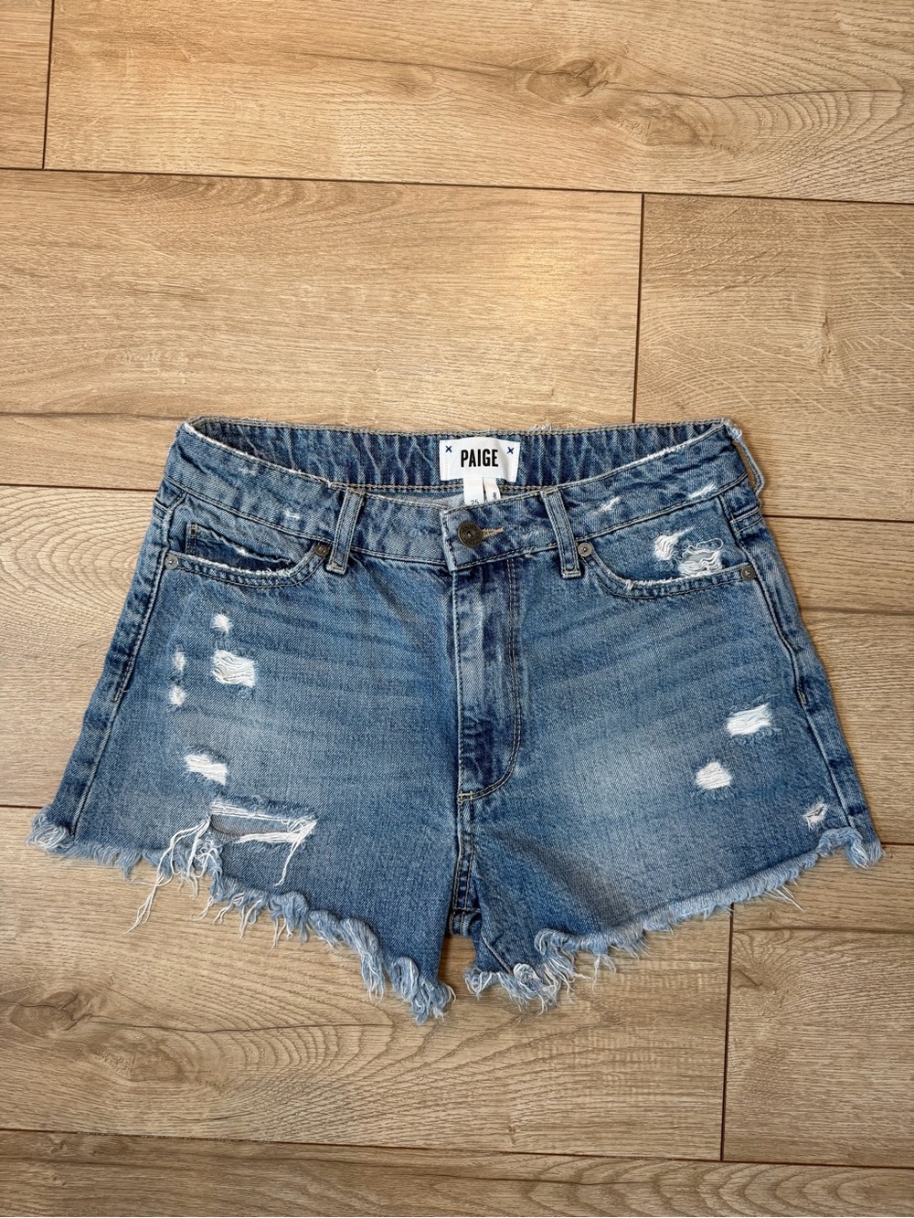 PAIGE Frayed Distressed Denim Shorts - Blue Wash